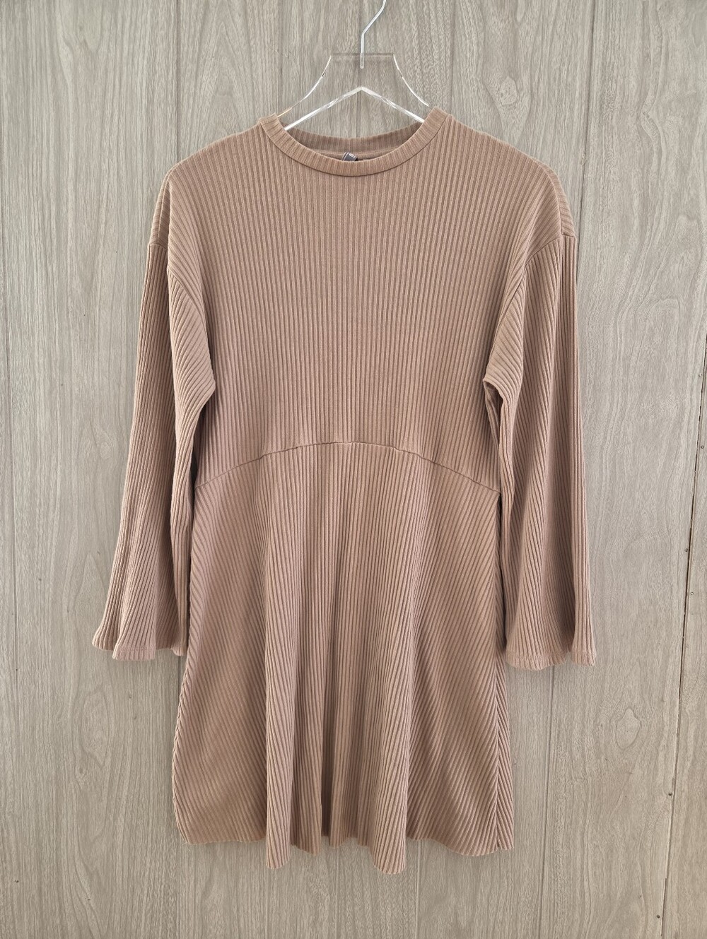 Asos Ribbed Flare Sleeve Tan Mini Dress